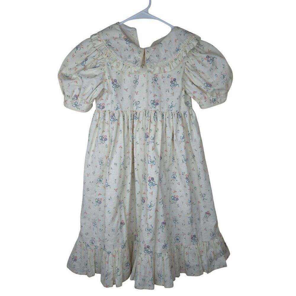 Vintage 90s Daisy Kingdom Dress Girls Size 8 Modest Floral Ribbons Puff Sleeves